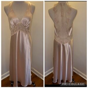 Linea Donatella Vintage Women’s Medium Pink Ivory Silky Lace Long Nightgown